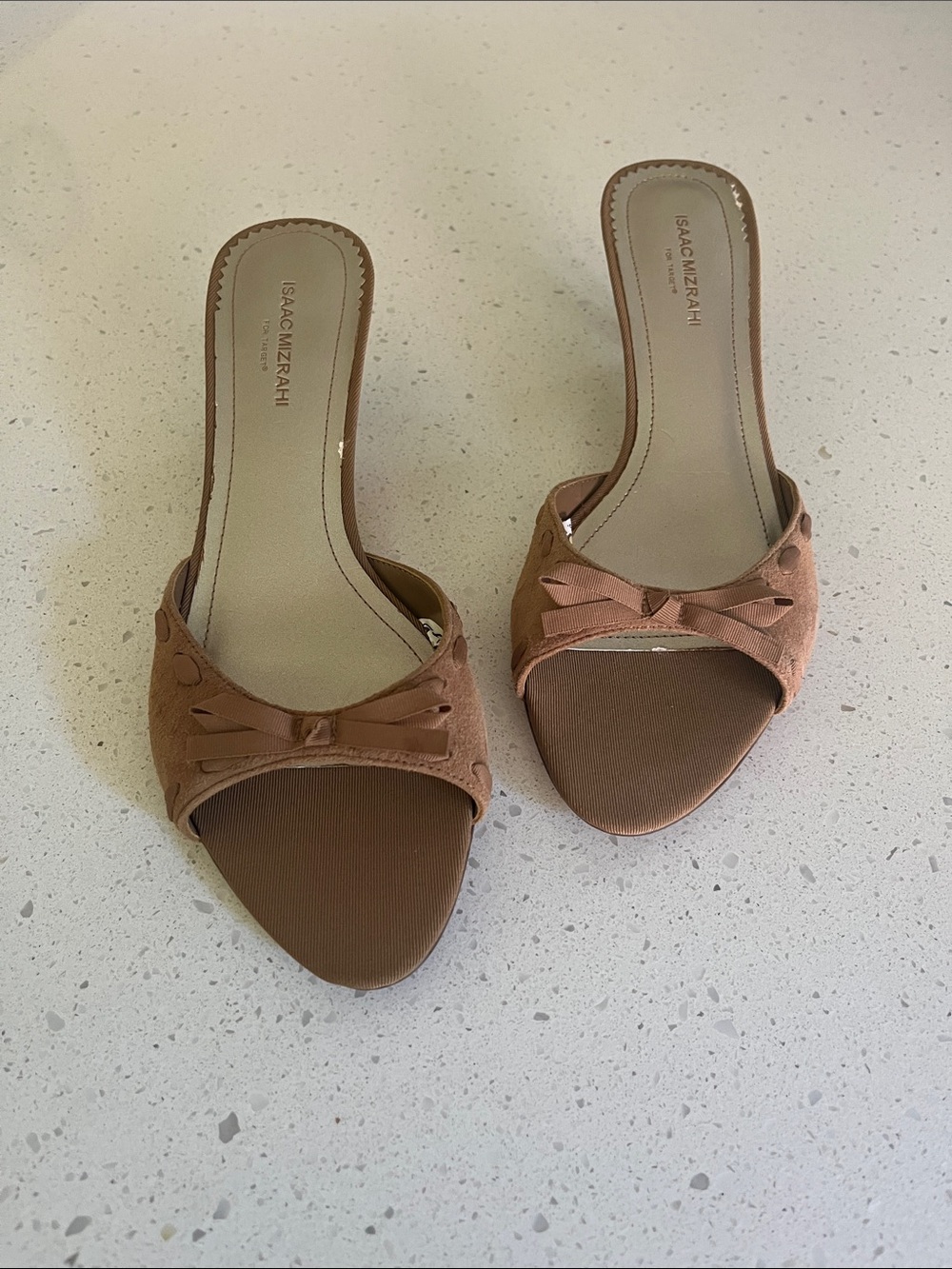 Isaac Mizrahi Tan Brown Open-Toe Slide Mules with Bow Accent